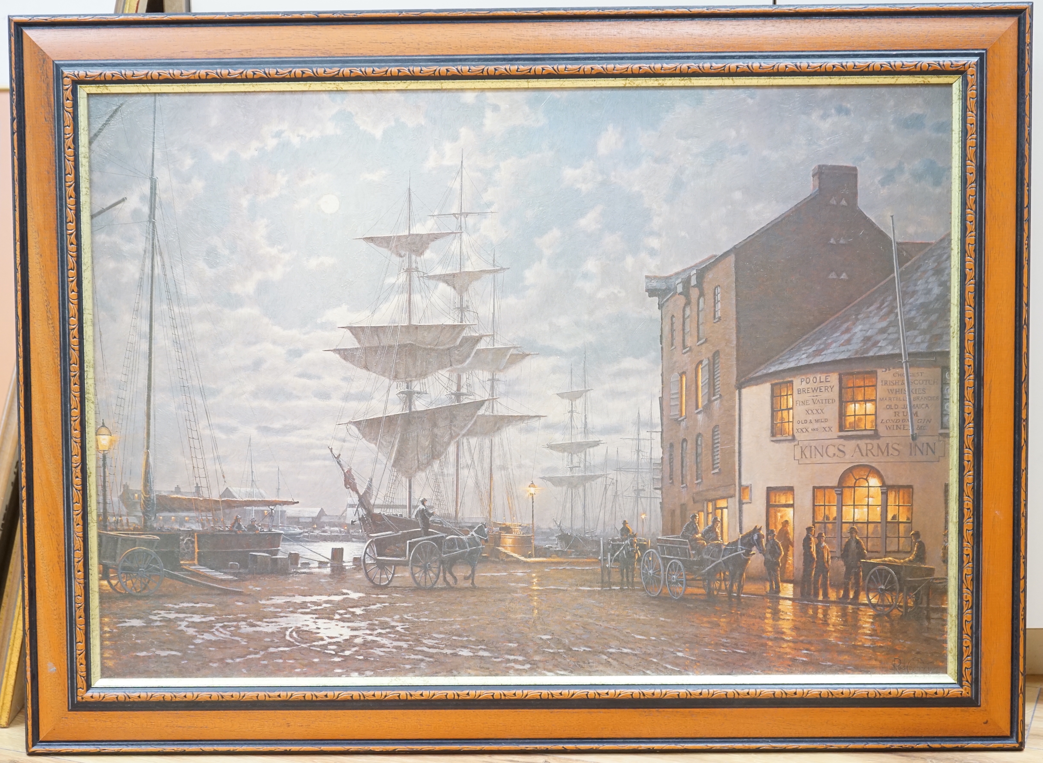 After Rodney Charman (b.1944) oleograph on canvas, 'Dockland scene, Poole', 71 x 48cm